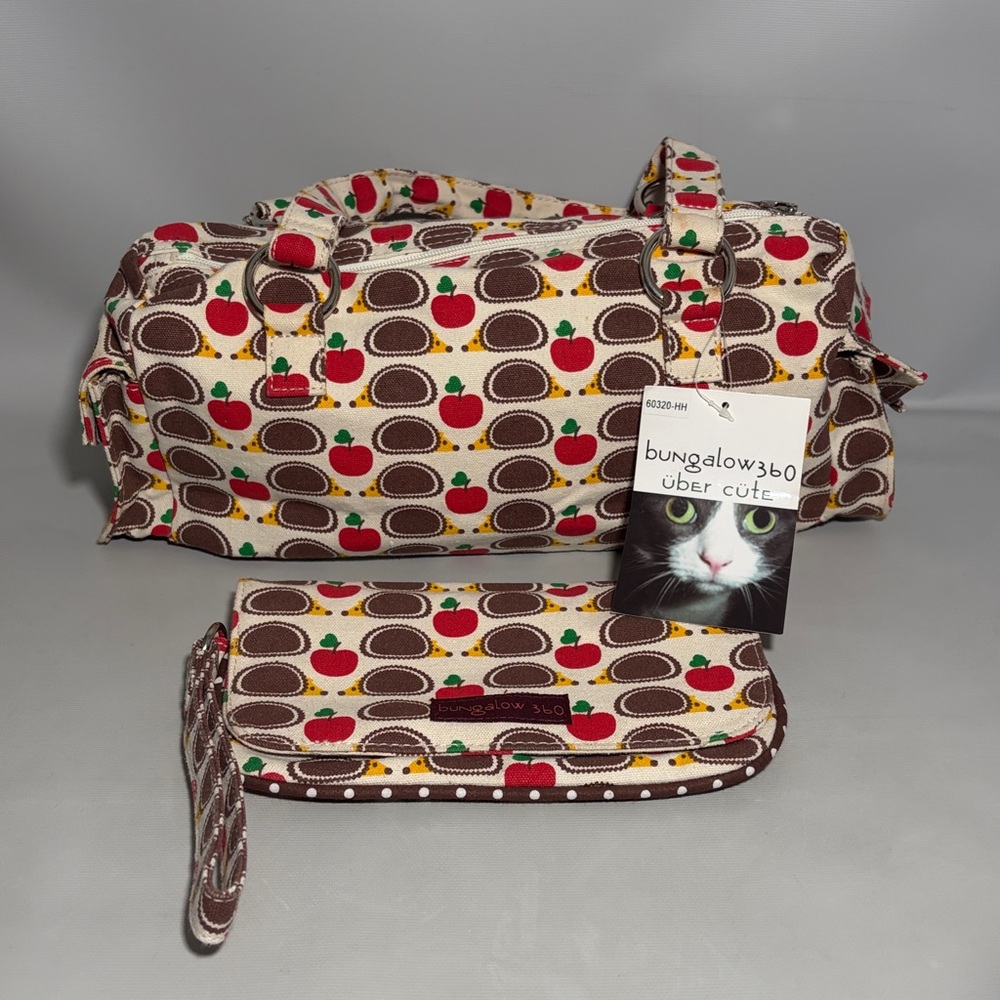 Bungalow 360 Cream & Brown Apple and Hedgehog Print Shoulder Bag & Pouch Bundle